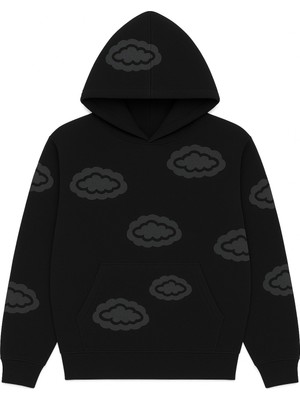 Bellanova Unisex Kapüşonlu Sweatshirt 3 Iplik Kanguru Cepli Rahat Kesim Bulut Desenli Baskılı Hoodie