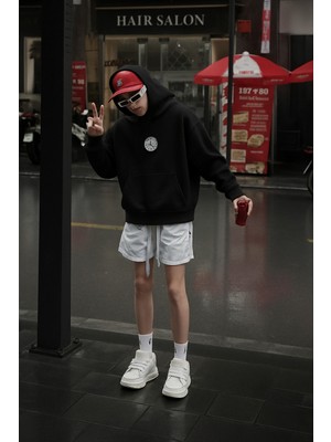 Bellanova Kapüşonlu Sweatshirt Ön Yuvarlak Sembol ve Arka Figür Baskı Unisex Rahat Stil