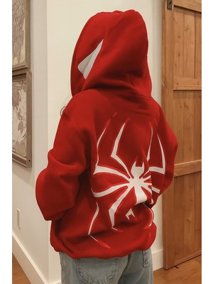 Bellanova Unisex 3 Iplik Kanguru Cepli Kapüşonlu Sweatshirt Özel Örümcek Baskılı Rahat Günlük Stil