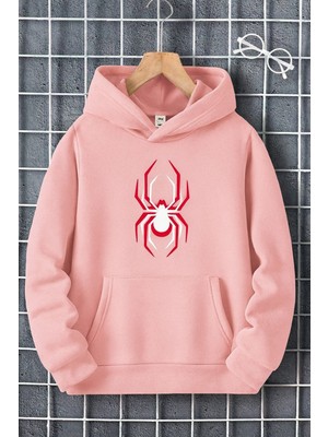 Bellanova Unisex Kanguru Cepli 3 Iplik Hoodie Kapüşonlu Modern Örümcek Baskı Beyaz ve Kırmızı Detaylı