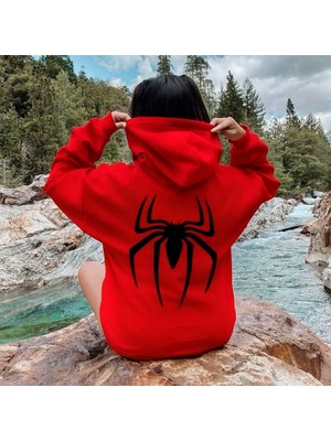 Bellanova Unisex 3 Iplik Kapüşonlu Kanguru Cepli Sweatshirt Sırt Büyük Kırmızı Örümcek Baskılı
