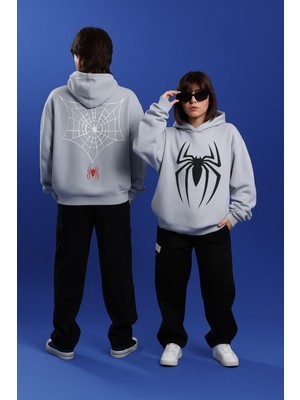 Bellanova Unisex 3 Iplik Kapüşonlu Kanguru Cepli Sweatshirt Ön Arka Özel Kırmızı Siyah Örümcek Baskı