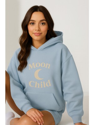 Bellanova Kadın Kapüşonlu Kanguru Cepli Oversize Sweatshirt Ön Moon Chıld Ay Baskılı Rahat Günlük Stil