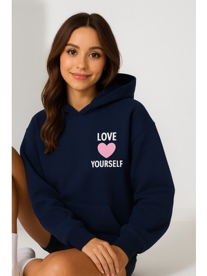 Bellanova Kadın Kapüşonlu Kanguru Cepli Oversize Sweatshirt Ön Love Yourself Yazılı Rahat Günlük