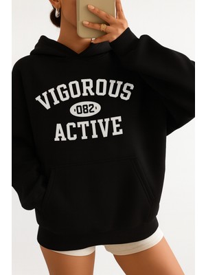 Bellanova Kapüşonlu Kanguru Cepli Oversize Sweatshirt Ön Vıgorous Actıve Yazılı Rahat Spor Günlük Stil