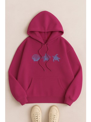 Bellanova Kapüşonlu Kanguru Cepli Oversize Sweatshirt Deniz Kabuklu Çiçekli Kaplumbağa Baskılı Rahat Günlük