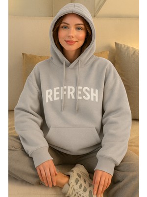 Bellanova Kadın Üç Iplik Kapüşonlu Sweatshirt Refresh Baskılı Rahat Oversize Kanguru Cepli Hoodie