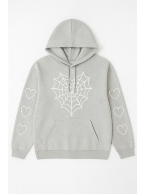 Bellanova Kadın Kapüşonlu Sweatshirt – Önü Örümcek Ağı Desenli, Kollarda Kalp Baskılı Hoodie