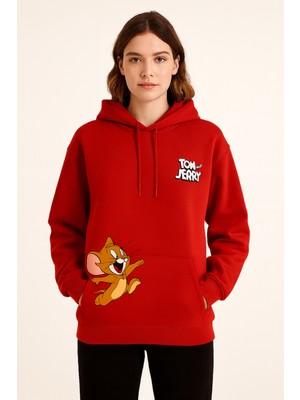 Bellanova Unisex Kapüşonlu Sweatshirt - 3 Iplik Şardonlu - Tom ve Jerry Baskılı - Rahat Günlük Hoodie