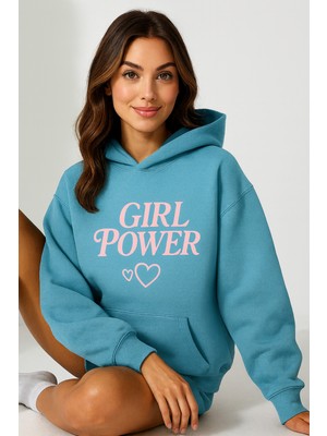 Bellanova Kadın Kapüşonlu Kanguru Cepli Oversize Sweatshirt Ön Gırl Power Yazılı Rahat Günlük Stil