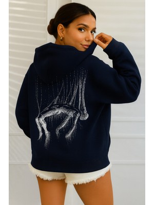 Bellanova Kadın Oversize Kapüşonlu Sweatshirt Arka Baskılı Sanatsal Tasarım Üç Iplik Kanguru Cepli