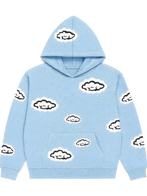 Bellanova Unisex Kapüşonlu Sweatshirt 3 Iplik Kanguru Cepli Rahat Kesim Bulut Desenli Baskılı Hoodie