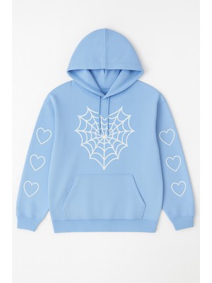Bellanova Kadın Kapüşonlu Sweatshirt – Önü Örümcek Ağı Desenli, Kollarda Kalp Baskılı Hoodie