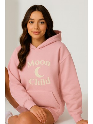 Bellanova Kadın Kapüşonlu Kanguru Cepli Oversize Sweatshirt Ön Moon Chıld Ay Baskılı Rahat Günlük Stil
