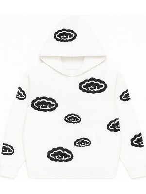 Bellanova Unisex Kapüşonlu Sweatshirt 3 Iplik Kanguru Cepli Rahat Kesim Bulut Desenli Baskılı Hoodie