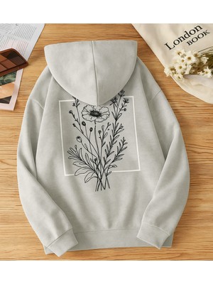 Bellanova Kadın Kapüşonlu Kanguru Cepli Oversize Sweatshirt Arka Çiçek Desenli Baskılı Rahat Günlük
