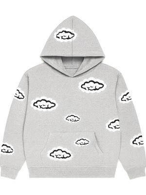 Bellanova Unisex Kapüşonlu Sweatshirt 3 Iplik Kanguru Cepli Rahat Kesim Bulut Desenli Baskılı Hoodie