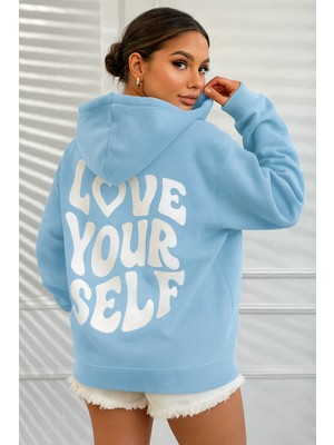 Bellanova Kadın Oversize Kapüşonlu Sweatshirt Love Yourself Yazılı Arka Baskı Üç Iplik Kanguru Cepli