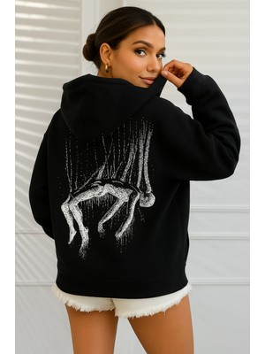 Bellanova Kadın Oversize Kapüşonlu Sweatshirt Arka Baskılı Sanatsal Tasarım Üç Iplik Kanguru Cepli