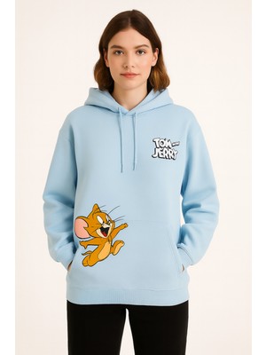 Bellanova Unisex Kapüşonlu Sweatshirt - 3 Iplik Şardonlu - Tom ve Jerry Baskılı - Rahat Günlük Hoodie
