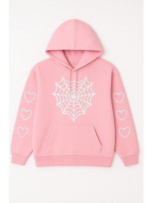 Bellanova Kadın Kapüşonlu Sweatshirt – Önü Örümcek Ağı Desenli, Kollarda Kalp Baskılı Hoodie