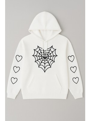 Bellanova Kadın Kapüşonlu Sweatshirt – Önü Örümcek Ağı Desenli, Kollarda Kalp Baskılı Hoodie
