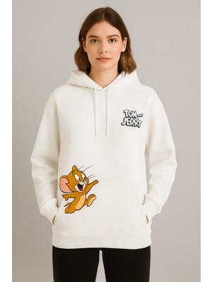 Bellanova Unisex Kapüşonlu Sweatshirt - 3 Iplik Şardonlu - Tom ve Jerry Baskılı - Rahat Günlük Hoodie