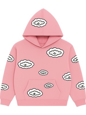 Bellanova Unisex Kapüşonlu Sweatshirt 3 Iplik Kanguru Cepli Rahat Kesim Bulut Desenli Baskılı Hoodie