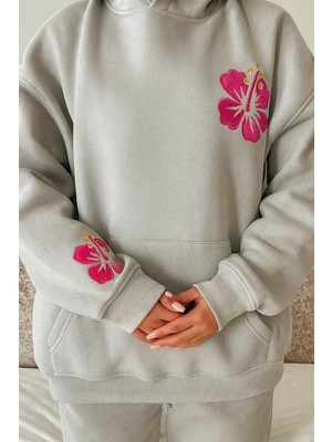 Bellanova Kadın Oversize Kapüşonlu 3 Iplik Şardonlu Çiçek Baskılı Kanguru Cepli Sweatshirt