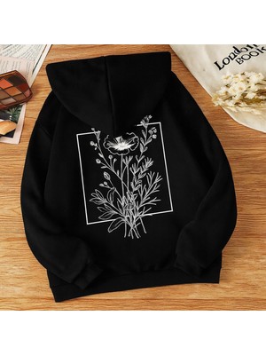 Bellanova Kadın Kapüşonlu Kanguru Cepli Oversize Sweatshirt Arka Çiçek Desenli Baskılı Rahat Günlük