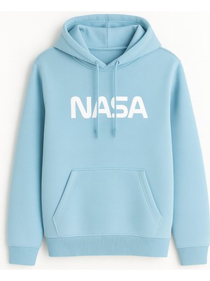 Bellanova Nasa Baskılı Beyaz Kapüşonlu Sweatshirt - Kanguru Cepli - 3 Iplik Şardonlu Unisex Rahat Hoodie