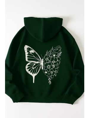 Bellanova Unisex Kapüşonlu Sweatshirt | Baskılı Oversize Hoodie – Kelebek ve Çiçek Desenli – Rahat Günlük Stil