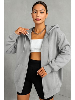 Bellanova Kadın 3 Iplik Kapüşonlu Fermuarlı Kanguru Cepli Oversize Rahat Şık Ceket Ilkbahar Sonbahar