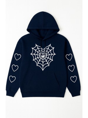 Bellanova Kadın Kapüşonlu Sweatshirt – Önü Örümcek Ağı Desenli, Kollarda Kalp Baskılı Hoodie