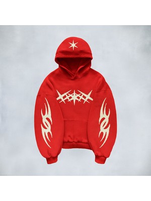 Bellanova Unisex Oversize Kapüşonlu Tribal Kol Detaylı Yıldız Baskılı Streetwear Grafik Sweatshirt