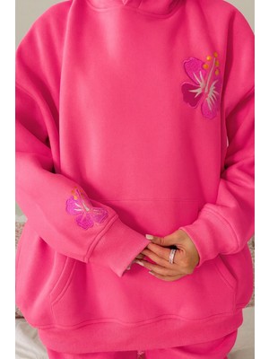Bellanova Kadın Oversize Kapüşonlu 3 Iplik Şardonlu Çiçek Baskılı Kanguru Cepli Sweatshirt