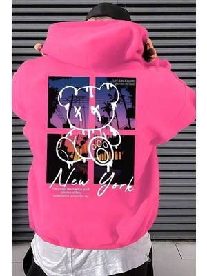 Bellanova “erkek Oversize Kapüşonlu Sweat – Renkli Ayı Silüeti ve New York Sunset Baskılı”