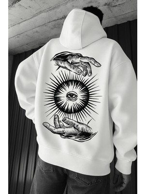 Bellanova “3 Iplik Kapüşonlu Kanguru Cepli, Arkada Büyük ‘el ve Göz Enerji’ Illüstrasyon Baskılı Hoodie”