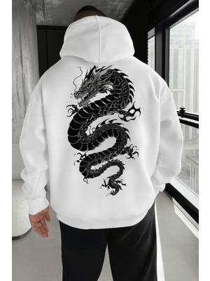 Bellanova "3 Iplik Kapüşonlu Kanguru Cepli Ejderha Baskılı Unisex Hoodie Sweatshirt"