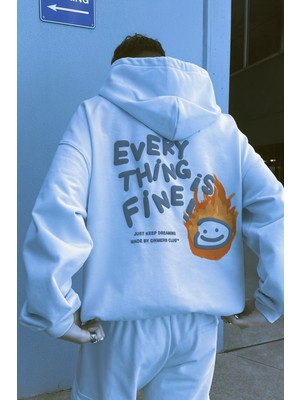 Bellanova Unisex Oversize Kapüşonlu Everything Is Fine Yazı ve Alev Emoji Baskılı Streetwear Sweatshirt