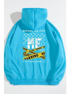 Bellanova Unisex Oversize Kapüşonlu Warning Yazı Grafik Baskılı Sokak Stili Rahat Günlük Sweatshirt