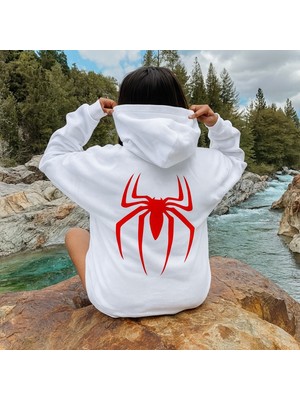 Bellanova Unisex 3 Iplik Kapüşonlu Kanguru Cepli Sweatshirt Sırt Büyük Kırmızı Örümcek Baskılı