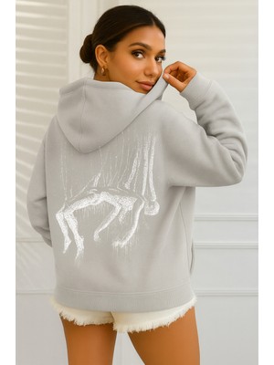 Bellanova Kadın Oversize Kapüşonlu Sweatshirt Arka Baskılı Sanatsal Tasarım Üç Iplik Kanguru Cepli