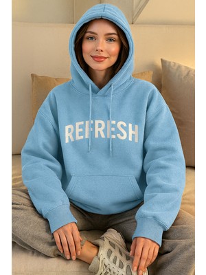 Bellanova Kadın Üç Iplik Kapüşonlu Sweatshirt Refresh Baskılı Rahat Oversize Kanguru Cepli Hoodie