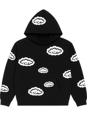 Bellanova Unisex Kapüşonlu Sweatshirt 3 Iplik Kanguru Cepli Rahat Kesim Bulut Desenli Baskılı Hoodie