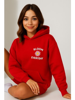 Bellanova Kadın Kapüşonlu Kanguru Cepli Oversize Sweatshirt Ön Bloom Everyday Çiçek Baskılı Günlük