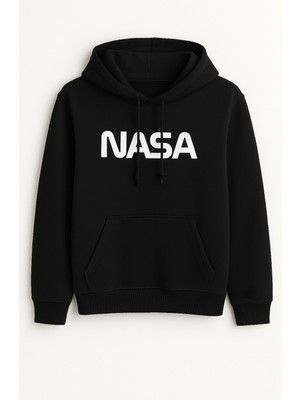 Bellanova Nasa Baskılı Beyaz Kapüşonlu Sweatshirt - Kanguru Cepli - 3 Iplik Şardonlu Unisex Rahat Hoodie