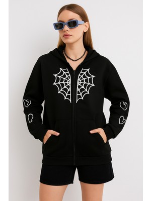 Bellanova Kadın Fermuarlı Kapüşonlu Hoodie – Örümcek Ağı ve Kalp Desenli Sweatshirt