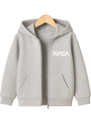 Bellanova Nasa Baskılı Kapüşonlu Sweatshirt - Fermuarlı - Kanguru Cepli - 3 Iplik Şardonlu Rahat Ceket