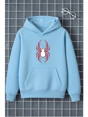 Bellanova Unisex Kanguru Cepli 3 Iplik Hoodie Kapüşonlu Modern Örümcek Baskı Beyaz ve Kırmızı Detaylı